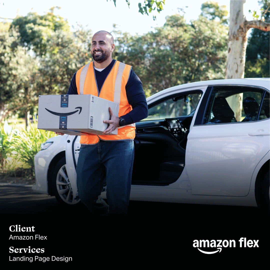 A cheerful Amazon Flex delivery driver in an orange safety vest carrying a package in front of a parked car with lush greenery in the background. Client: Amazon Flex, Services: Landing Page Design.