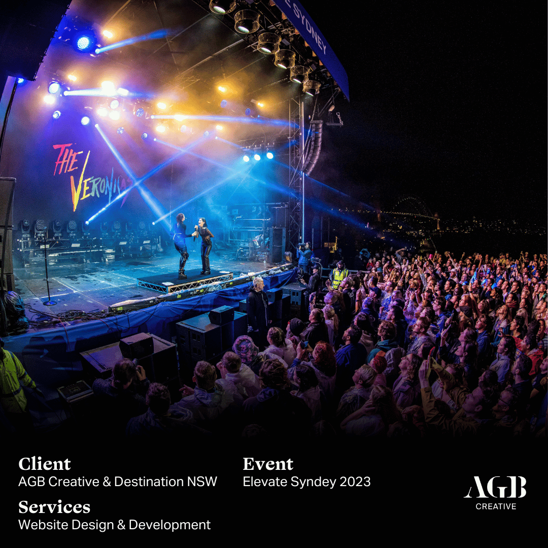 A live concert featuring The Veronicas on a vibrant, illuminated outdoor stage at night, with a large crowd in Sydney. Client: AGB Creative & Destinations NSW, Event: Elevate 2023, Services: Website Design & Development.