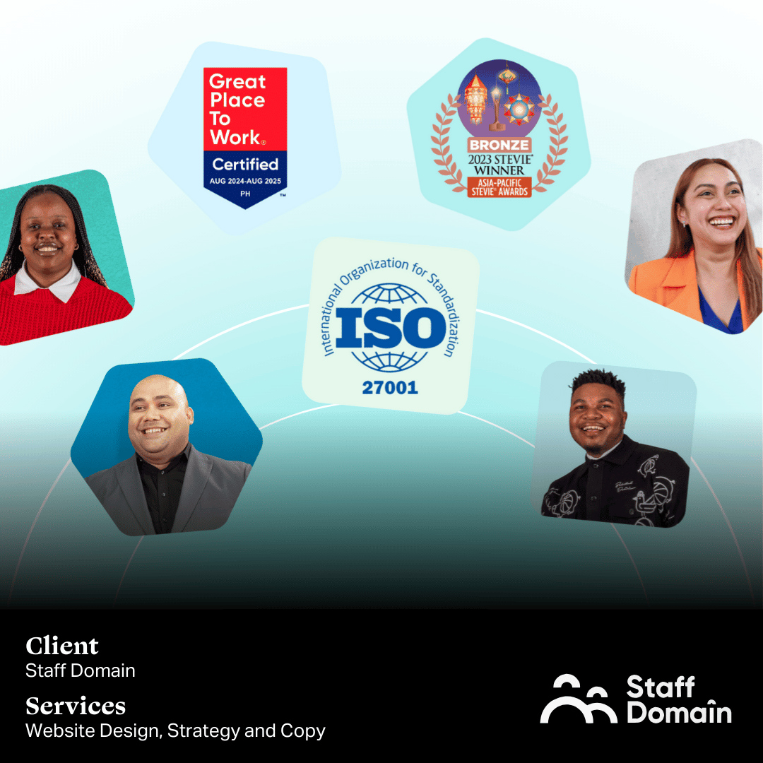 A collage featuring diverse professionals and award icons, including 'Great Place to Work' and ISO 27001 certification, against a light blue background. Client: Staff Domain, Services: Website Design & Development.